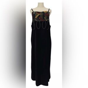 Vintage 1990s KOOS Maxi Dress Apron Sytle Embroidered Black Size L Cottage